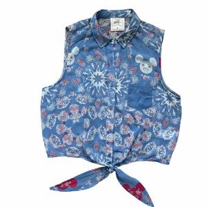 Disney Boutique Micky Mandala Print blue Pink Cropped Tie Button Sheer Top XXL